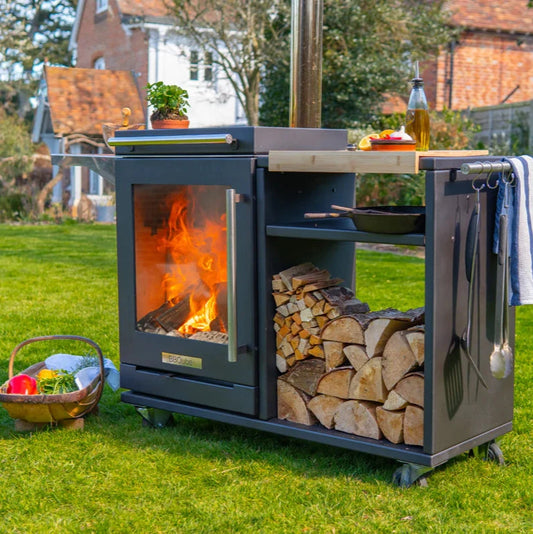 BBQube Outdoor Grill and Heater with Table & Log Store