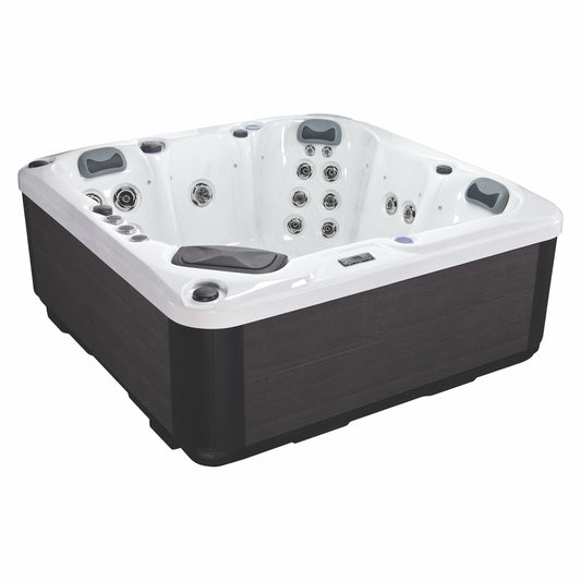 Hot tub with black exterior and white interior on a white background