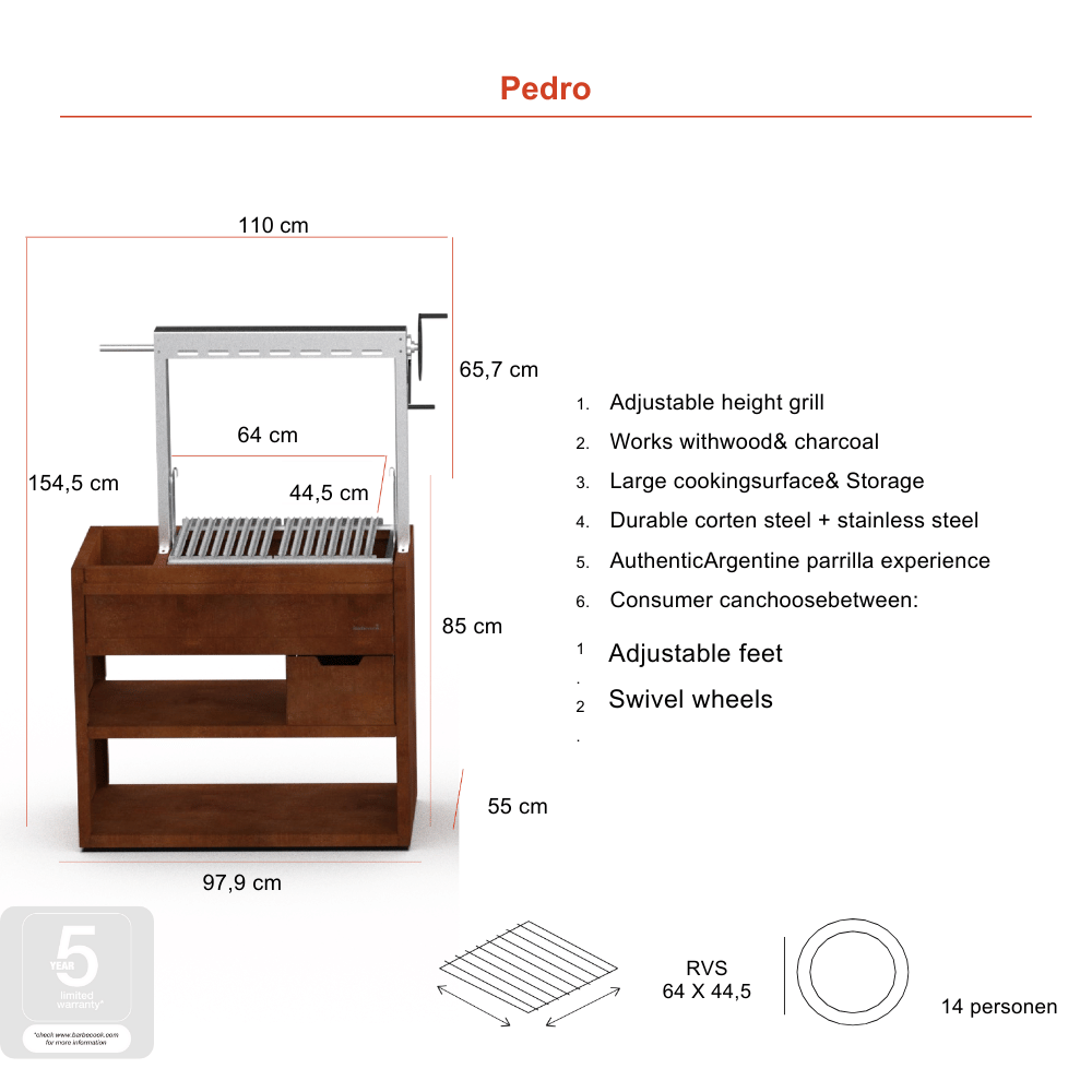 Barbecook Pedro Asado in Corten and Stainless Steel specs