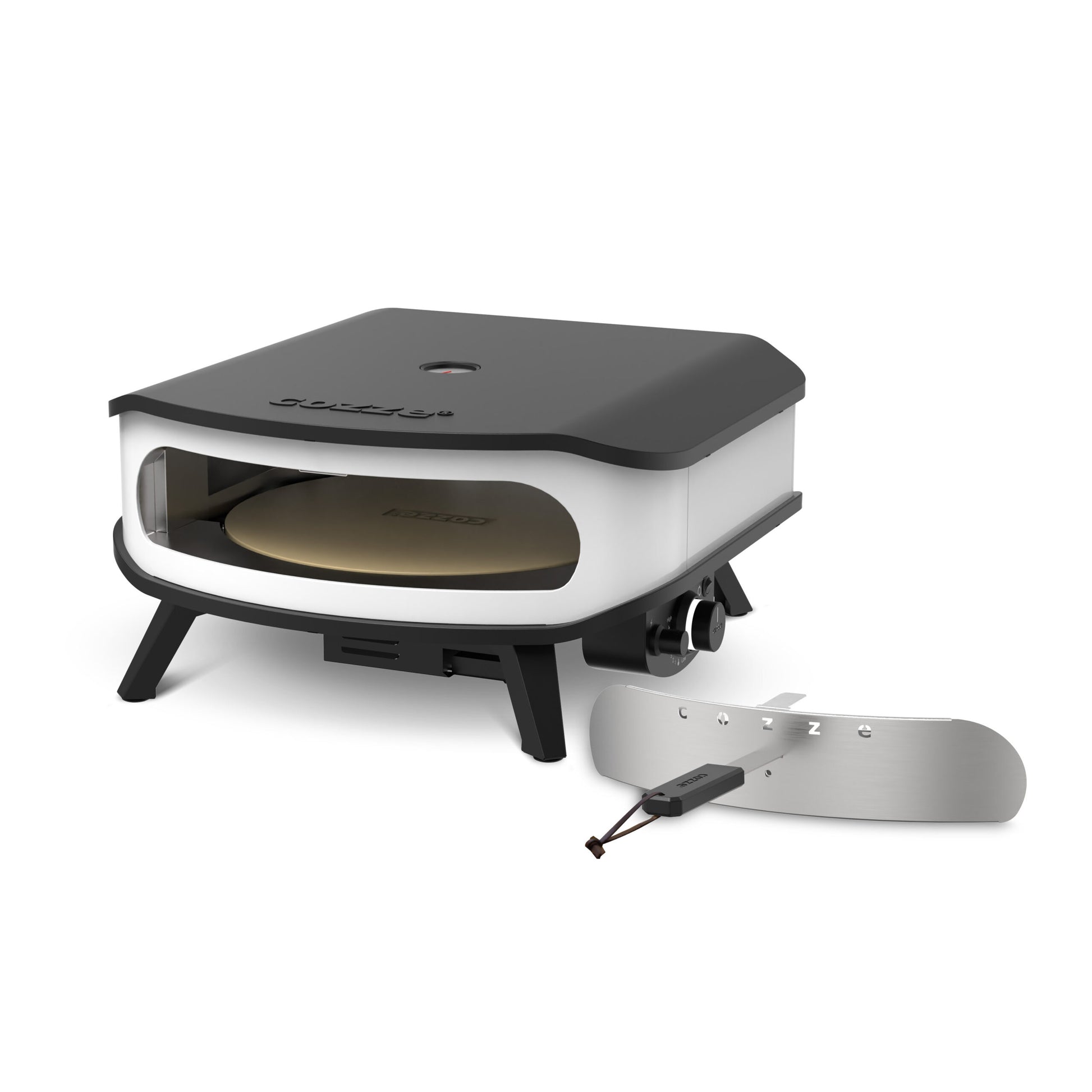 Cozze 17″ pizza oven with rotating stone and door
 open