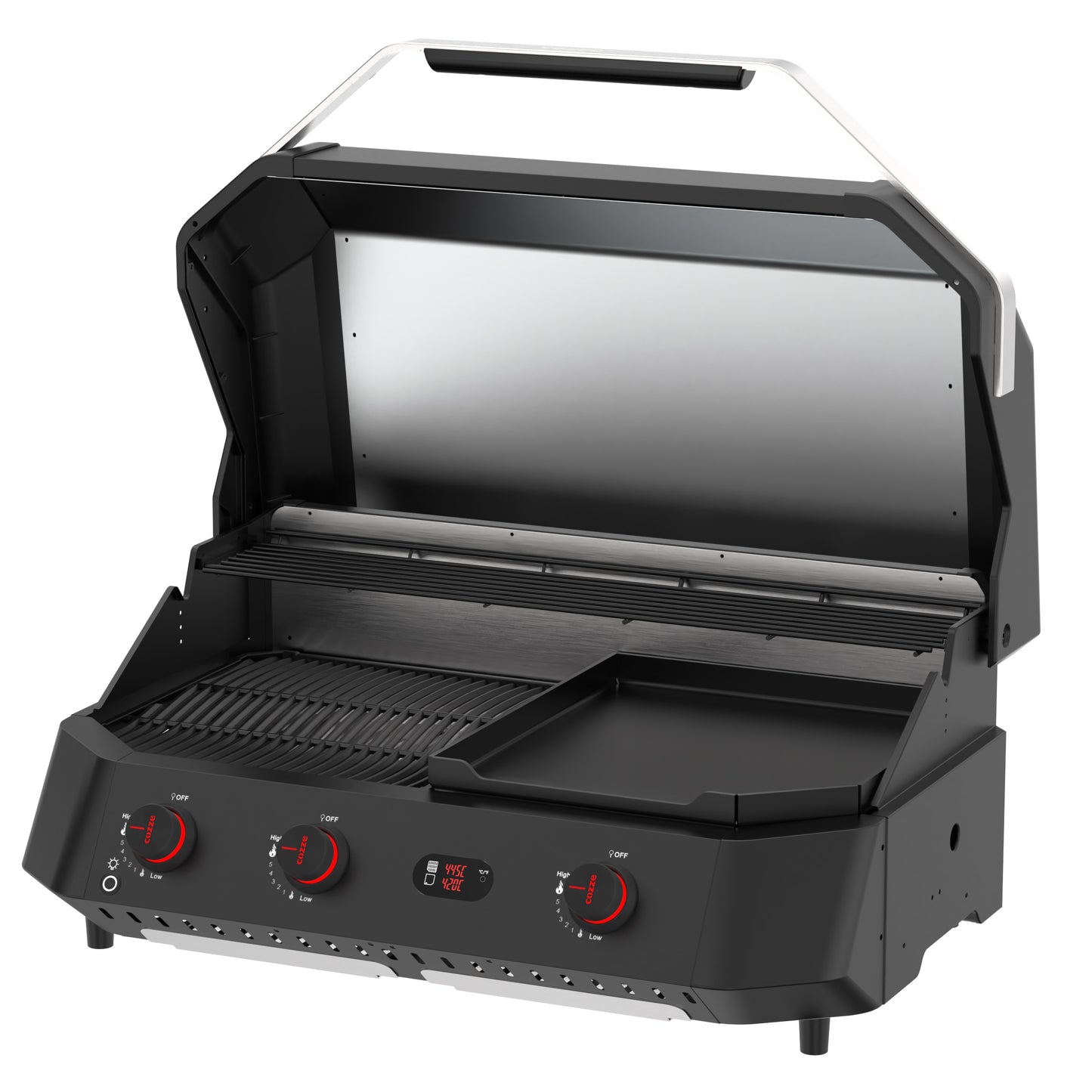 Cozze G-800 COMB0 Plancha-Grill, 3 Gas burners open
