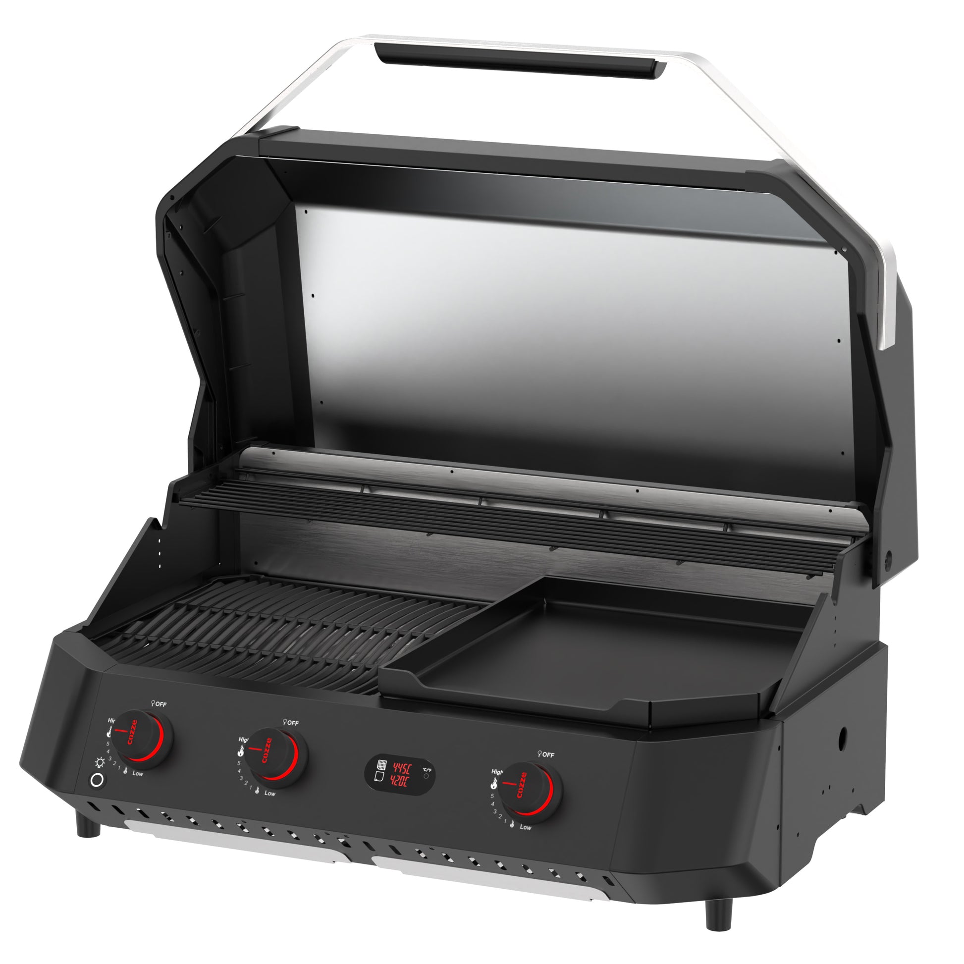 Cozze G-800 COMB0 Plancha-Grill, 3 Gas burners open