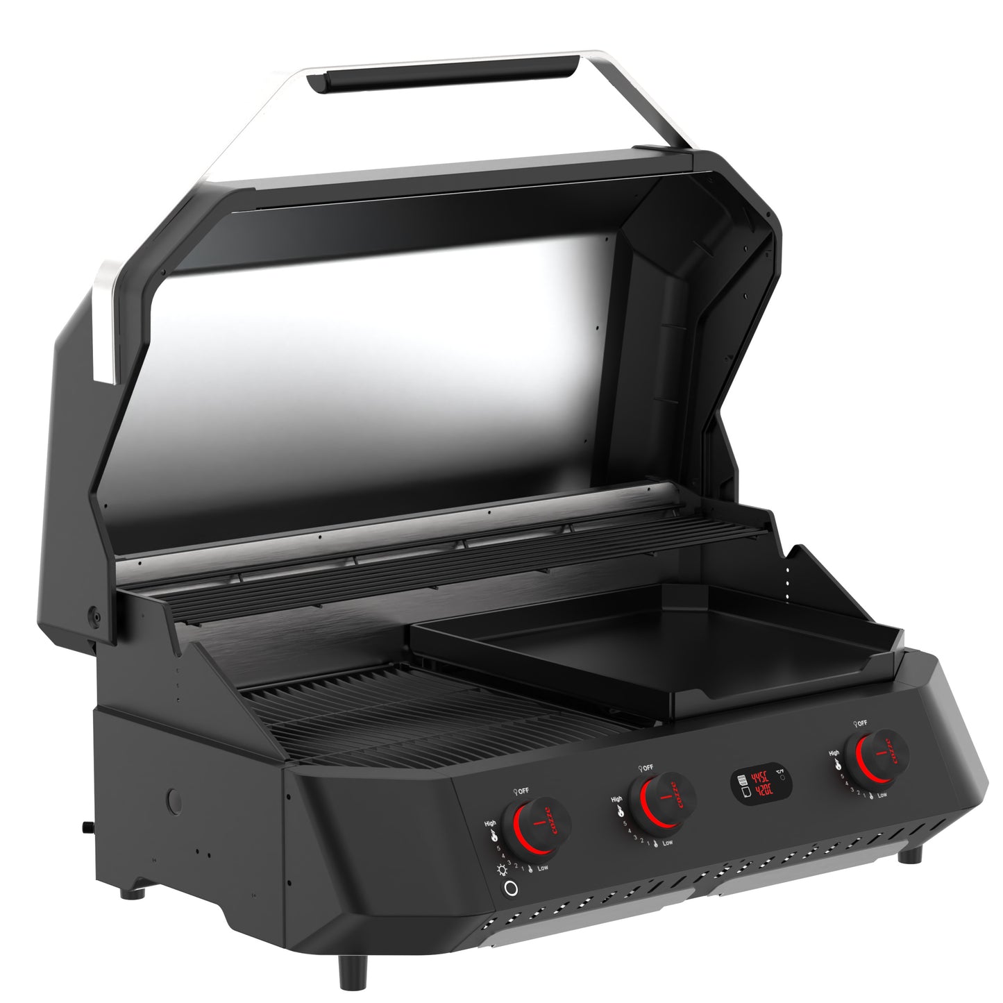 Cozze G-800 COMB0 Plancha-Grill, 3 Gas burners side open