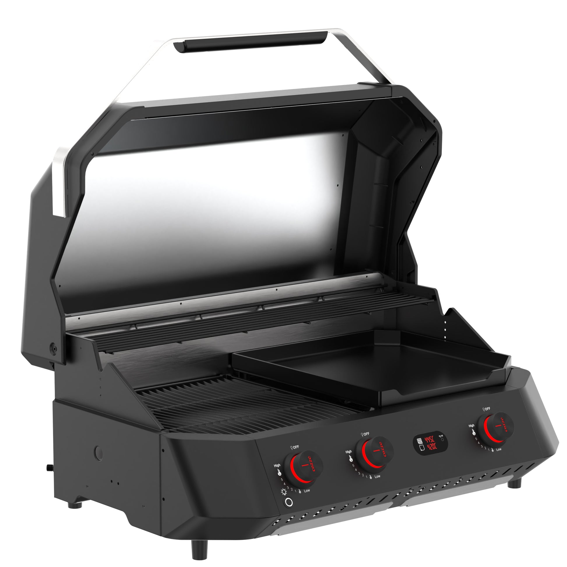 Cozze G-800 COMB0 Plancha-Grill, 3 Gas burners side open